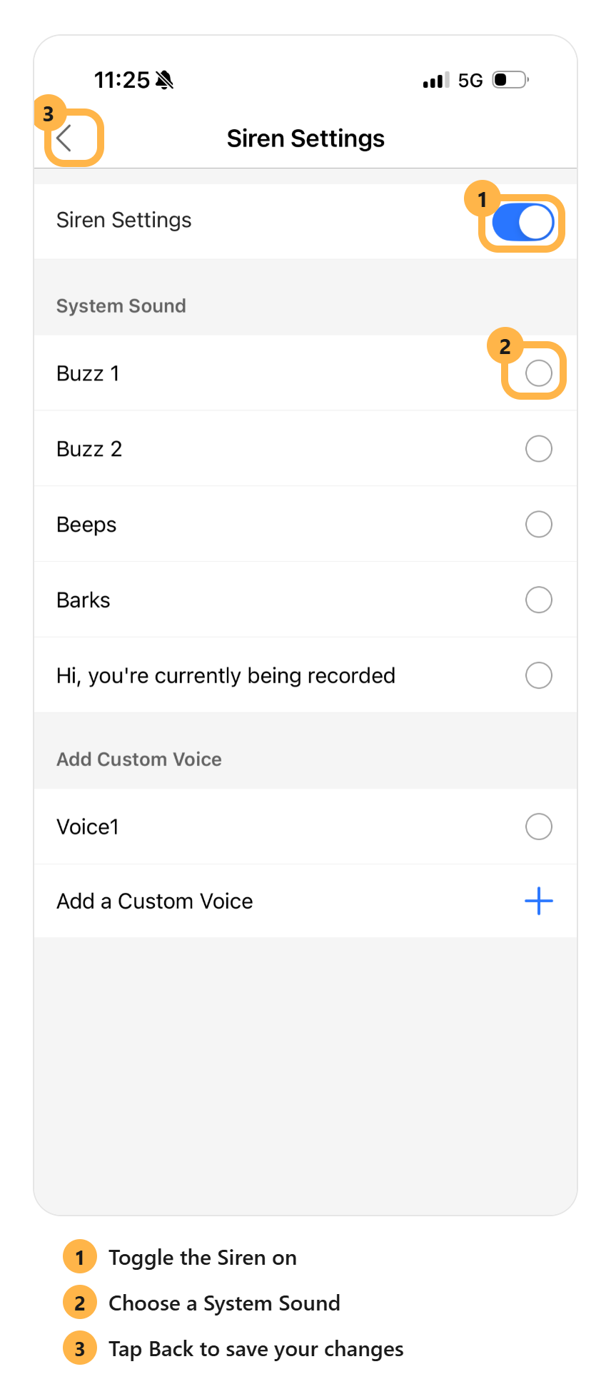 Siren Settings screen