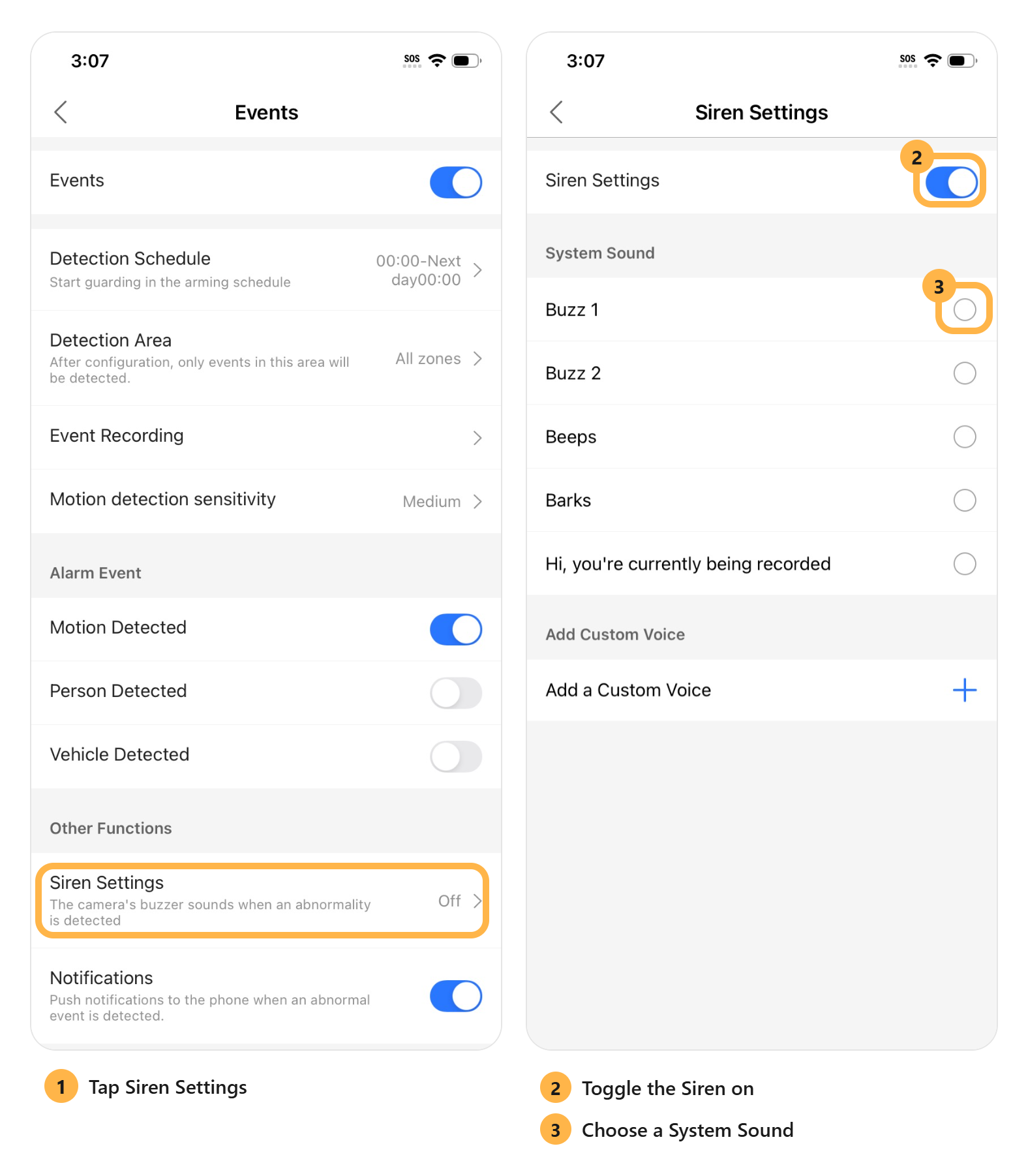 Siren Settings screen